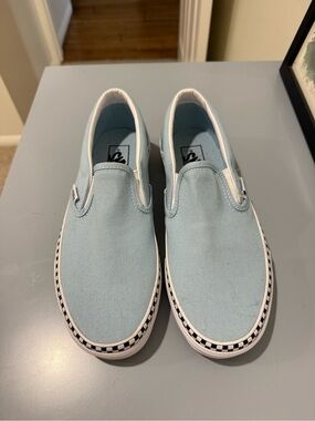 NEW Vans Slip-Ons in Pale Blue with Checkerboard Trim Size: W 8.5/M 7